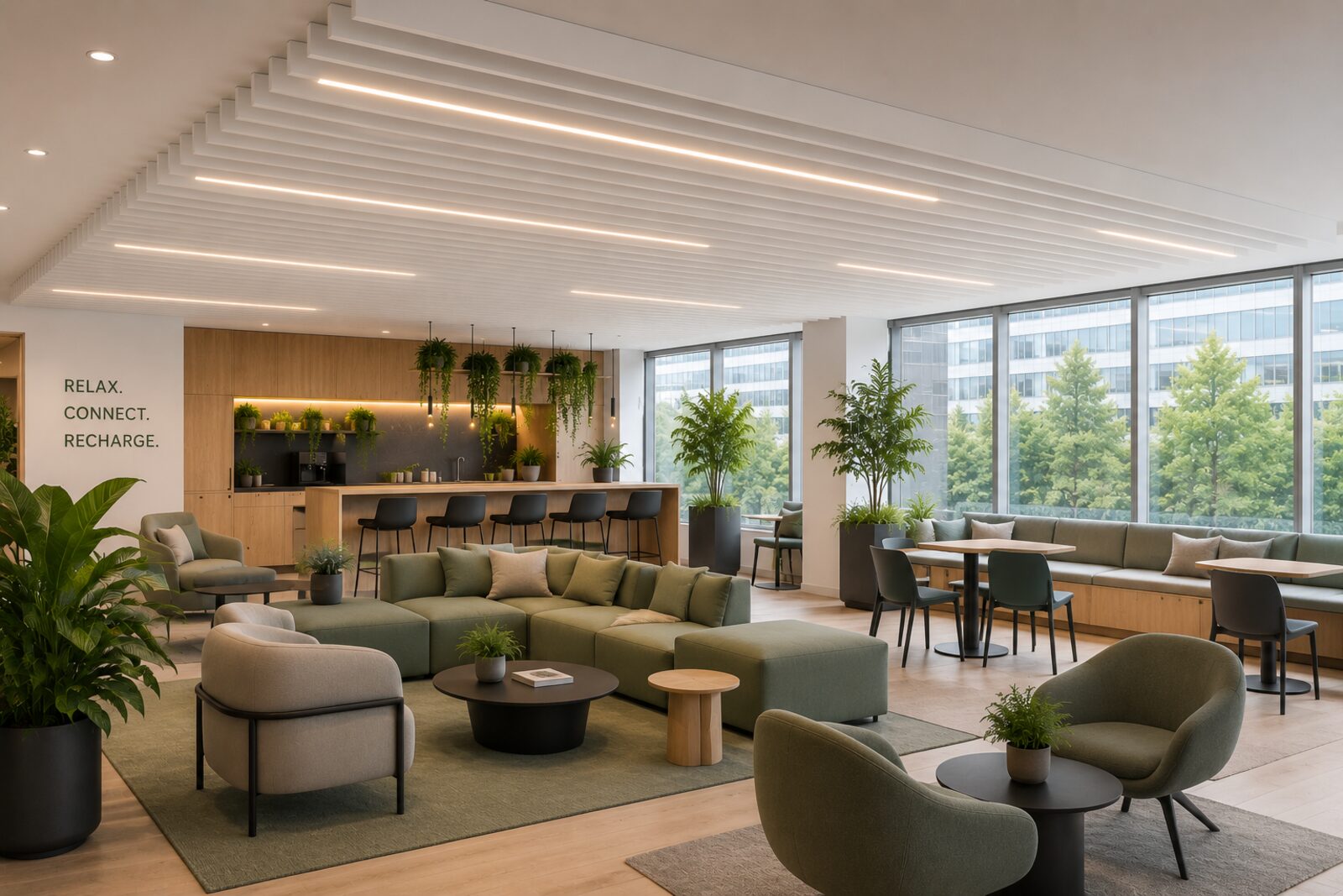 Weiße Akustikbaffeln mit Licht in einer Lounge