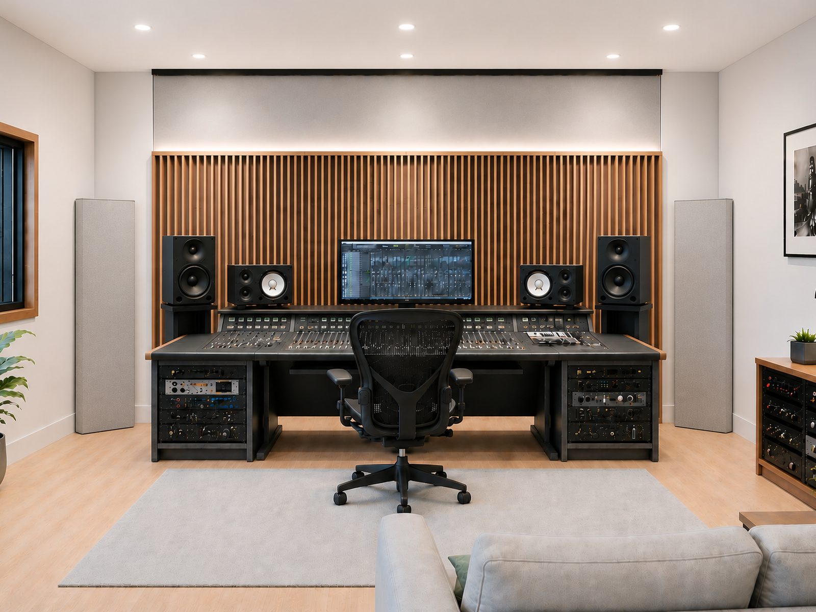 Tonstudio mit Bassfallen als Eckabsorber links und rechts neben der Regie